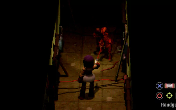 HD desktop wallpaper from the video game Crow Country, depicting a character aiming a handgun at a monster in a dimly lit corridor.