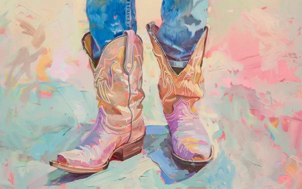 Colorful artistic depiction of cowboy boots on a vibrant background, suitable as a high-definition desktop wallpaper.
