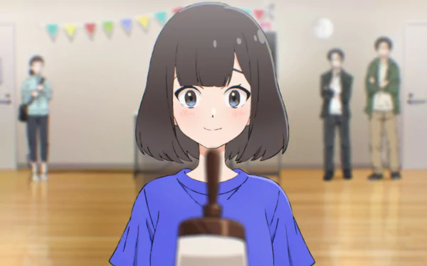 HD anime wallpaper featuring a cheerful girl with short black hair in a blue top, holding a trapezium-shaped book with classmates in the background.