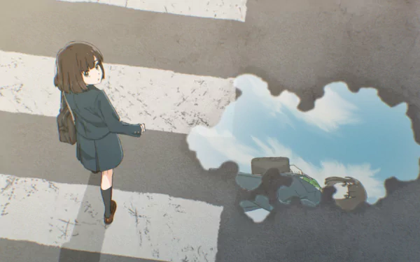A girl stands on a crosswalk, glancing back at a puddle reflecting the sky, creatively blending anime elements with a trapezium design. HD desktop wallpaper.