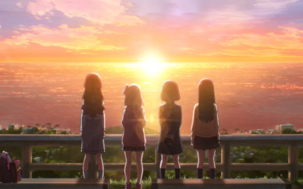 A stunning HD anime wallpaper featuring four girls gazing at a vibrant sunset over the ocean. The scene captures a moment of reflection and friendship against a colorful sky.