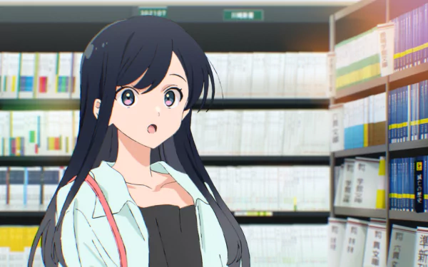 HD anime wallpaper featuring a surprised anime girl with long black hair, standing in a library with shelves filled with books.