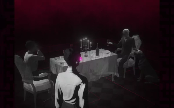 HD desktop wallpaper from Lorelei and the Laser Eyes, featuring a mysterious dinner scene with individuals around a table in a dimly red-lit room.