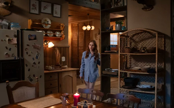 HD desktop wallpaper featuring Madelaine Petsch from the movie The Strangers: Chapter 1. She stands in a cozy, dimly lit kitchen, creating an eerie yet intriguing atmosphere.