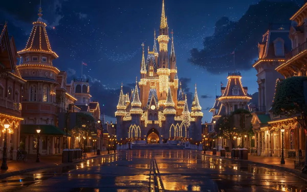 HD desktop wallpaper of Walt Disney World's Cinderella Castle illuminated at night, reflecting on a wet, empty street with surrounding lit buildings, creating a magical ambiance.