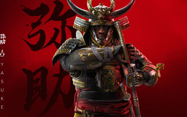 4K Ultra HD PC wallpaper featuring a warrior in detailed samurai armor from the video game Assassin's Creed Shadows, set against a bold red background with Japanese calligraphy.