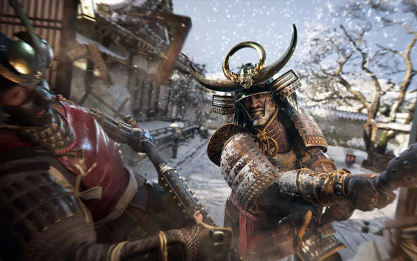 HD desktop wallpaper of Assassin's Creed Shadows featuring a fierce samurai battle in a snowy, traditional Japanese setting.