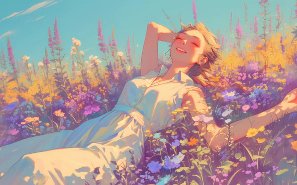 A happy woman in a serene meadow, surrounded by vibrant flowers, enjoying the sunny day. This HD desktop wallpaper exudes tranquility and happiness.