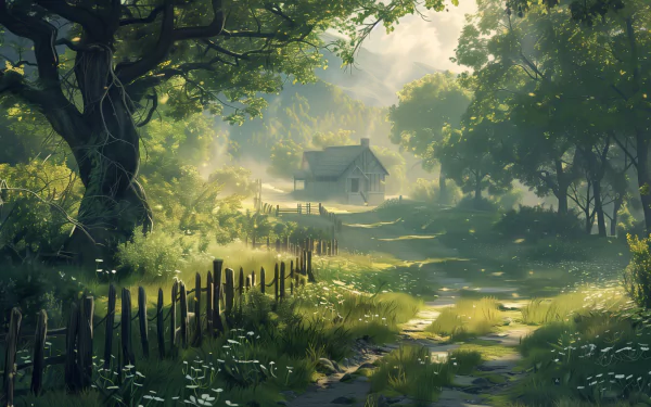 HD desktop wallpaper featuring a serene country road leading to a quaint cottage, surrounded by lush greenery and sunlight filtering through the trees.