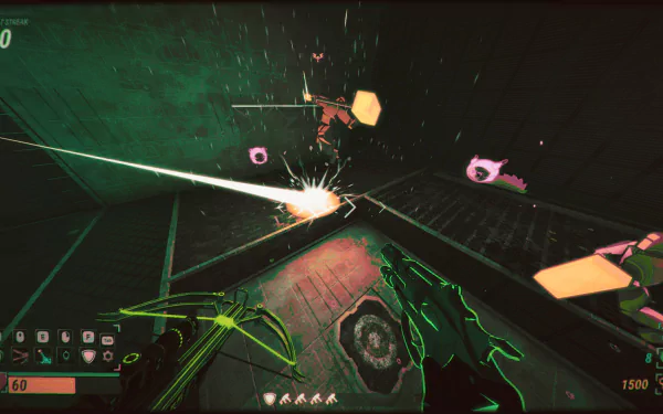 A dynamic HD desktop wallpaper featuring an intense action scene from the Robobeat video game, showcasing futuristic weaponry and vibrant visual effects.