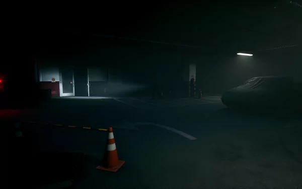 HD desktop wallpaper of The Bridge Curse 2: The Extrication video game, featuring a dimly lit, eerie parking garage with shadows and scattered traffic cones.