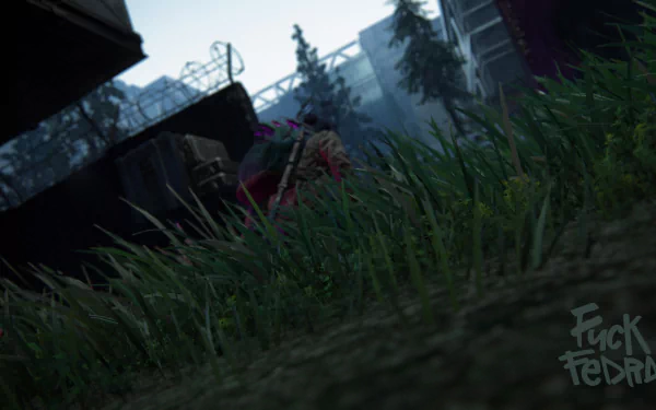 Dina from The Last of Us Part II crouches in tall grass near an urban ruin, depicted in a detailed 4K Ultra HD PC desktop wallpaper.