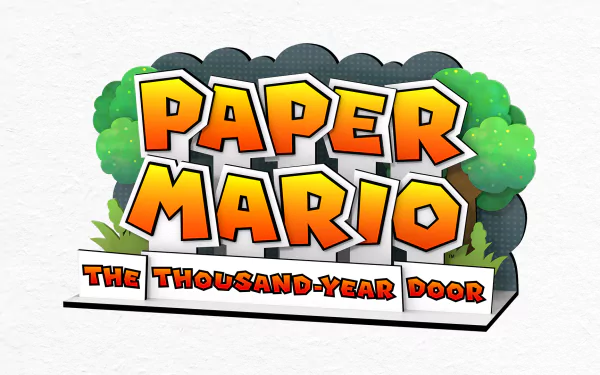 HD desktop wallpaper featuring the logo of the 2024 video game Paper Mario: The Thousand-Year Door against a white background with colorful cartoon graphics.