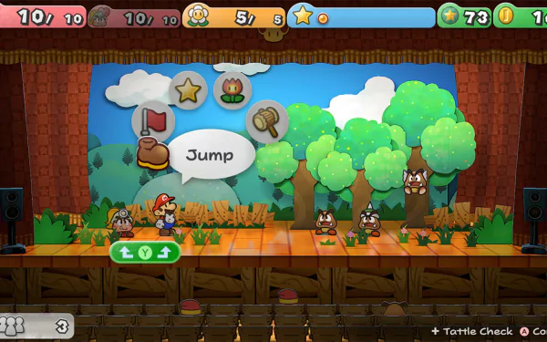 HD desktop wallpaper and background featuring a battle scene from the 2024 video game Paper Mario: The Thousand-Year Door with Mario selecting a Jump action on a stage-like setting.