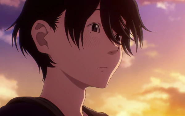 HD desktop wallpaper featuring an anime character from Dead Dead Demon’s Dededede Destruction, gazing thoughtfully at a colorful sunset sky.