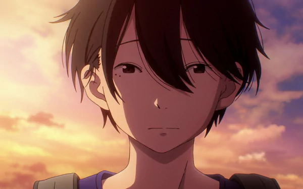 HD desktop wallpaper of an anime character from Dead Dead Demon’s Dededede Destruction, featuring a pensive expression against a sunset sky background.