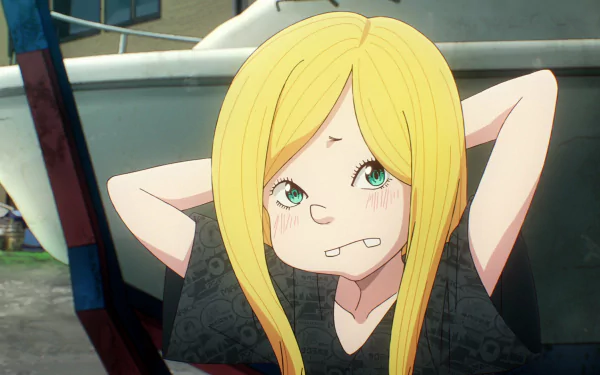 HD desktop wallpaper featuring a character from the anime series Dead Dead Demon’s Dededede Destruction. The character has blonde hair, green eyes, and a quirky expression, set against a casual background environment.