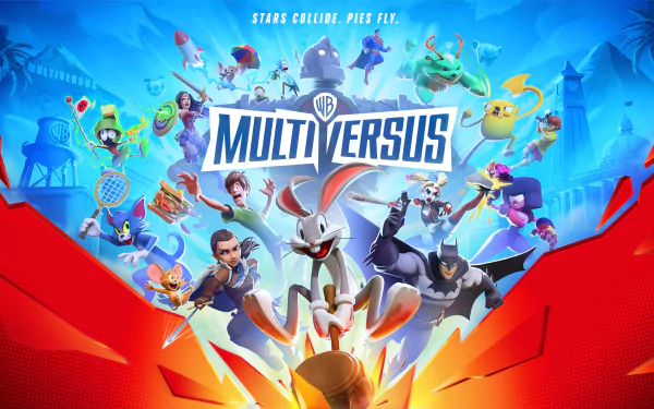 HD desktop wallpaper for the video game MultiVersus, featuring a colorful and dynamic collage of characters in battle scenes against a vibrant backdrop.