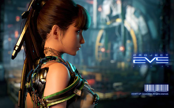 HD desktop wallpaper featuring a scene from the video game Stellar Blade, showcasing a character in a futuristic setting with the title Project EVE visible in the background.