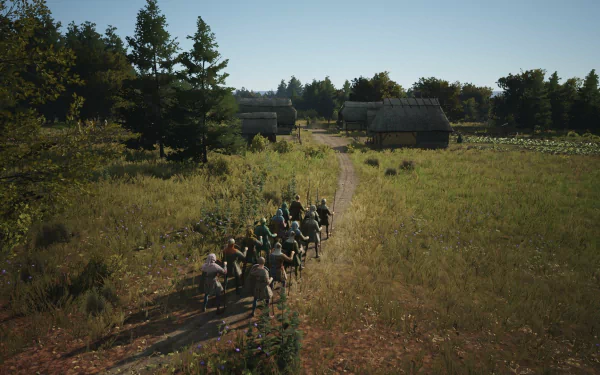 HD wallpaper and background from the video game Manor Lords, featuring a medieval village path with people walking through a lush, green landscape under a clear sky.