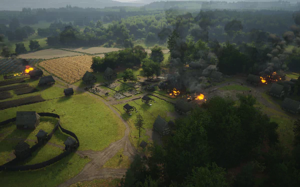 HD wallpaper of the video game 'Manor Lords' depicting a medieval village with burning houses and lush forests in the background.