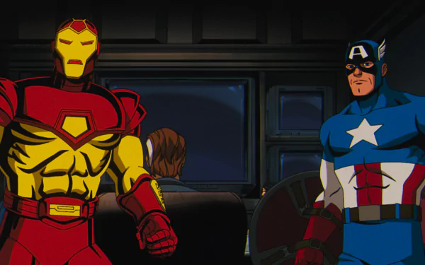 HD desktop wallpaper featuring Iron Man and Captain America from the TV show X-Men '97, captured in a dynamic scene.