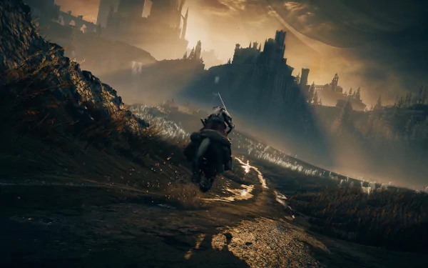 A dark, atmospheric scene from Elden Ring: Shadow of the Erdtree showcasing a player on horseback approaching a castle at dusk. HD desktop wallpaper and background.