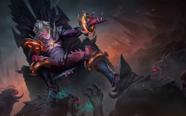 HD desktop wallpaper featuring Dyrroth from Mobile Legends: Bang Bang in an intense battle scene against dark creatures, showcasing detailed and dynamic graphics.