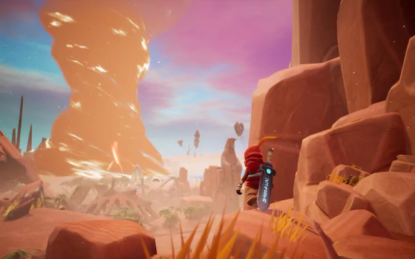 HD desktop wallpaper of the video game Astor: Blade of the Monolith depicting a stunning, otherworldly landscape with a character standing amidst rocky terrains against a vibrant sky and swirling clouds.