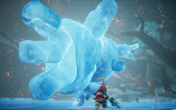 A character from Astor: Blade of the Monolith brandishes a sword and faces a massive icy creature in an HD video game wallpaper and background.