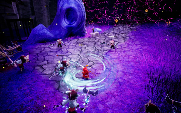 HD desktop wallpaper featuring a scene from the video game Astor: Blade of the Monolith, depicting characters in an intense, vibrant battle on a mystical, stone-paved ground illuminated by purple light.