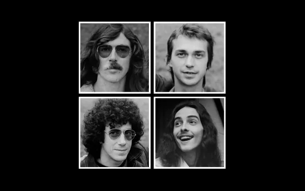 Black-and-white HD desktop wallpaper featuring portraits of Seru Giran band members Charly García, Pedro Aznar, David Lebón, and Oscar Moro in a grid layout.
