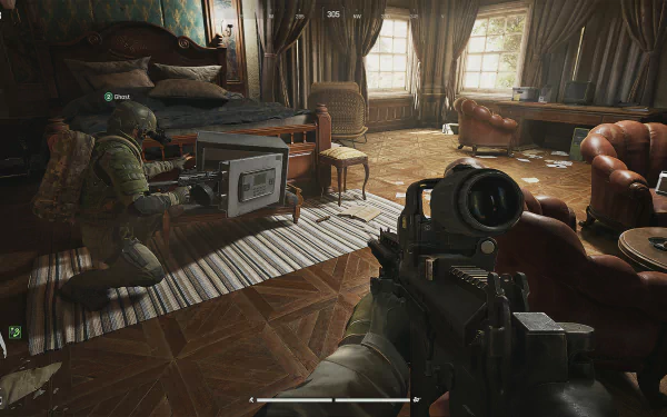 HD desktop wallpaper and background featuring intense gameplay from the video game Arena Breakout: Infinite, showcasing two armed characters in a richly detailed room with vintage furniture.