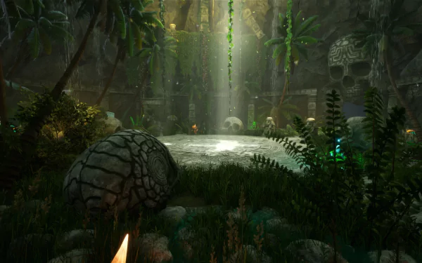HD desktop wallpaper of the video game Rise Online, featuring a mystical jungle scene with ancient ruins, skull-shaped rocks, and lush vegetation illuminated by sunlight.