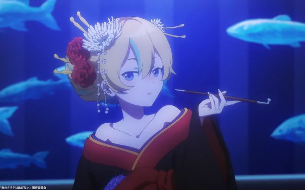 HD desktop wallpaper from the Anime Jellyfish Can’t Swim in the Night, featuring a character with a traditional hairstyle and accessory, holding a pipe, against a backdrop of glowing aquatic life.