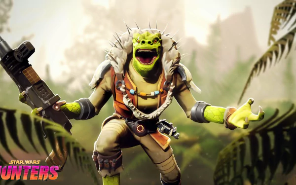 A HD desktop wallpaper featuring a character from the video game Star Wars: Hunters in a dynamic pose with a futuristic weapon, set against a lush, jungle-like background.