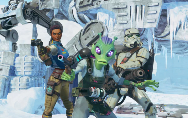 HD desktop wallpaper featuring characters from the video game Star Wars: Hunters, set against an icy, mechanical backdrop.
