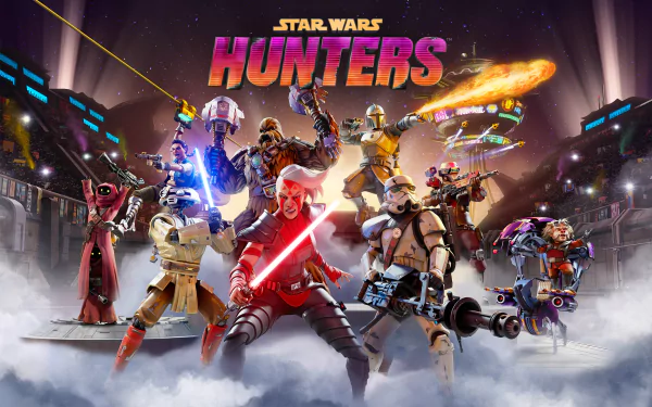 HD desktop wallpaper of Star Wars: Hunters, featuring various characters from the video game in an action-packed scene with the game's title prominently displayed at the top.