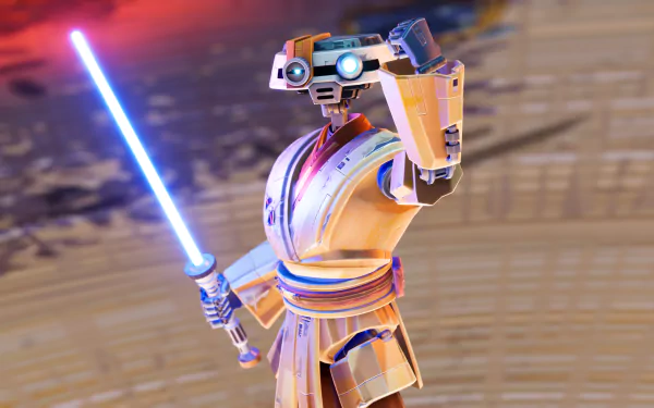 HD desktop wallpaper featuring a character from the video game Star Wars: Hunters. The robotic figure is dressed as a Jedi, holding a blue lightsaber, set against a vibrant background.