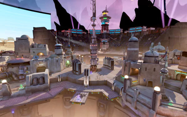 HD desktop wallpaper and background image from the video game Star Wars: Hunters, depicting a futuristic desert cityscape with advanced architecture and vibrant lighting.