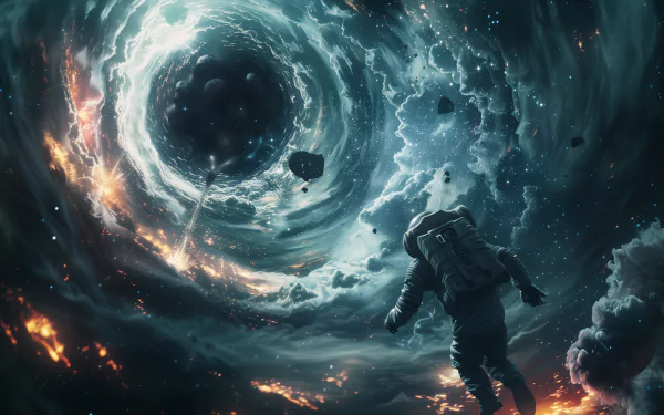 An HD sci-fi desktop wallpaper showing an astronaut floating near a black hole amidst the dynamic and colorful cosmos.