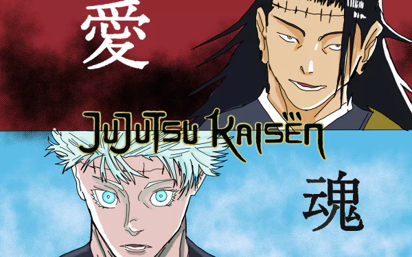 An 8K Ultra HD Jujutsu Kaisen PC desktop wallpaper featuring two prominent characters with contrasting red and blue backgrounds and Japanese kanji symbols.