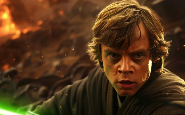 HD desktop wallpaper featuring Mark Hamill as Luke Skywalker in a dramatic Star Wars scene, holding a green lightsaber with an intense expression amidst a fiery, battle-torn background.