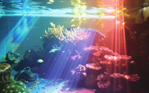HD desktop wallpaper showing a vibrant underwater reef with rainbow-colored coral, bathed in colorful light rays.