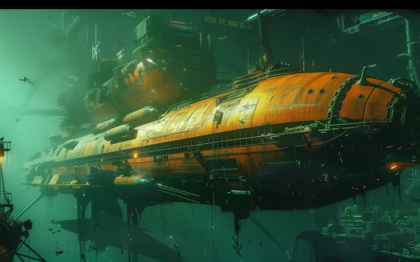 HD desktop wallpaper featuring a futuristic cyberpunk submarine submerged underwater, bathed in a greenish hue.