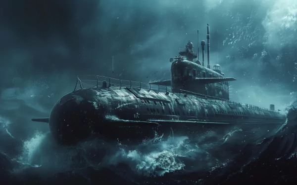 A high-definition desktop wallpaper featuring a military submarine navigating rough seas, showcasing an intense and dramatic maritime scene.