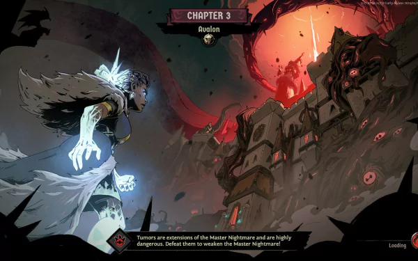 HD desktop wallpaper featuring a scene from the video game Ravenswatch, depicting a character in icy attire confronting a castle under a dark, stormy sky. Text overlays include chapter and game objective details.