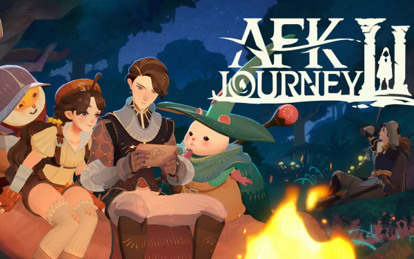 HD wallpaper of the video game AFK Journey, featuring characters gathered around a campfire in a forest setting at night.