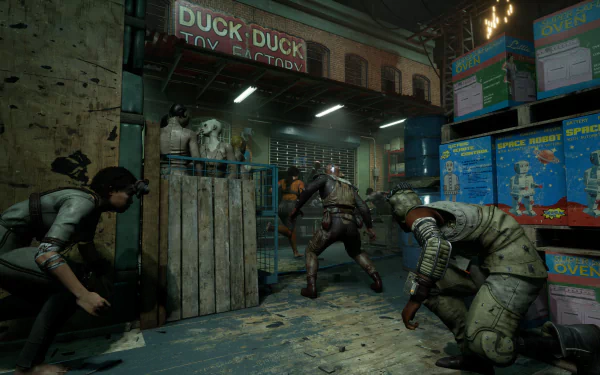 HD wallpaper from The Outlast Trials video game, depicting characters in a tense confrontation in a gritty toy factory setting, with Duck Duck Toy Factory signage in the background.
