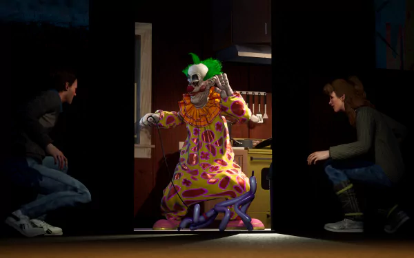 HD desktop wallpaper from the video game Killer Klowns from Outer Space: The Game, depicting a colorful, menacing clown confronting two crouched humans in a dimly lit room.